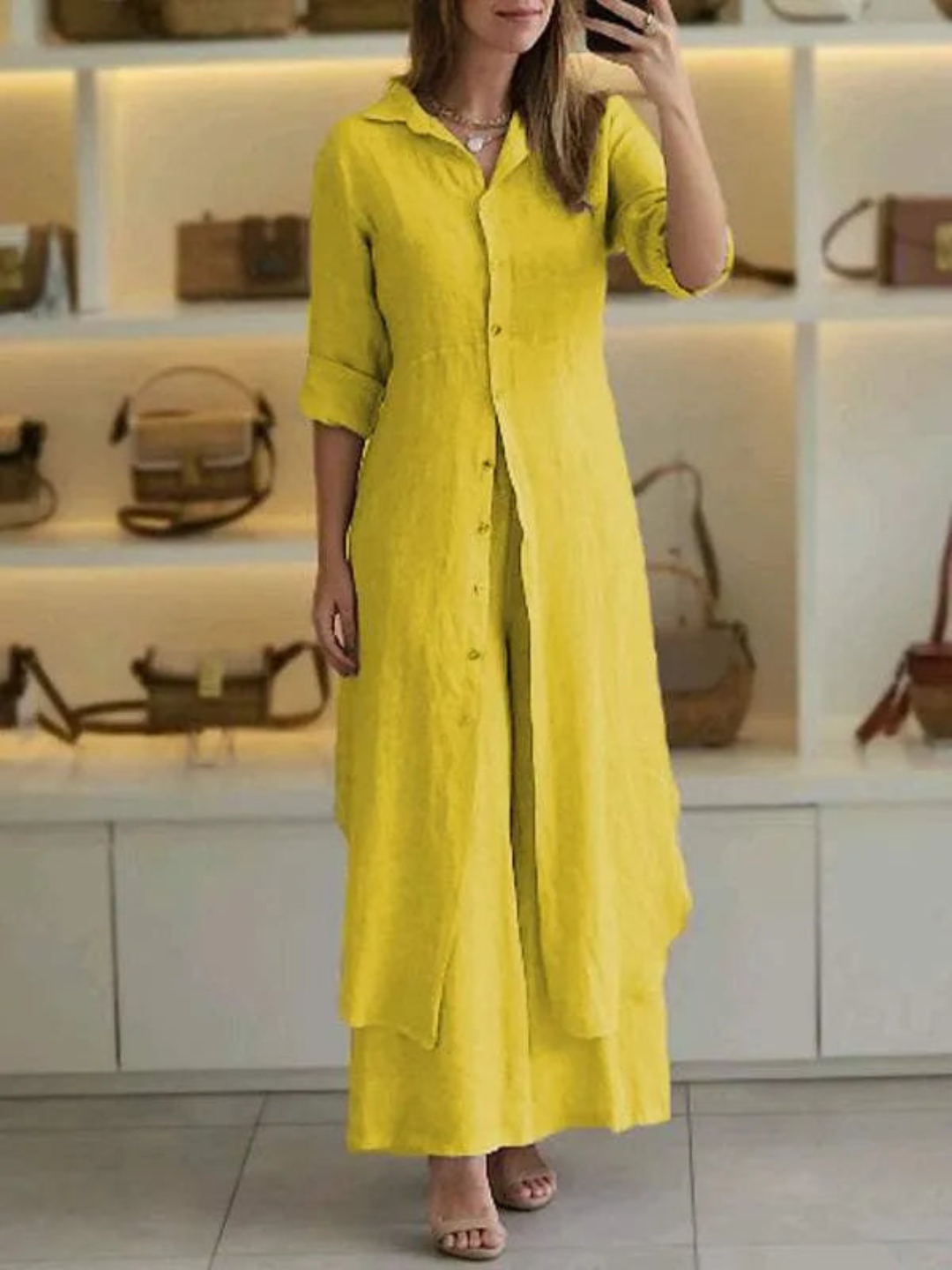 Two-piece ladies' summer set made of linen – Amaya-Yellow-S-The Livary