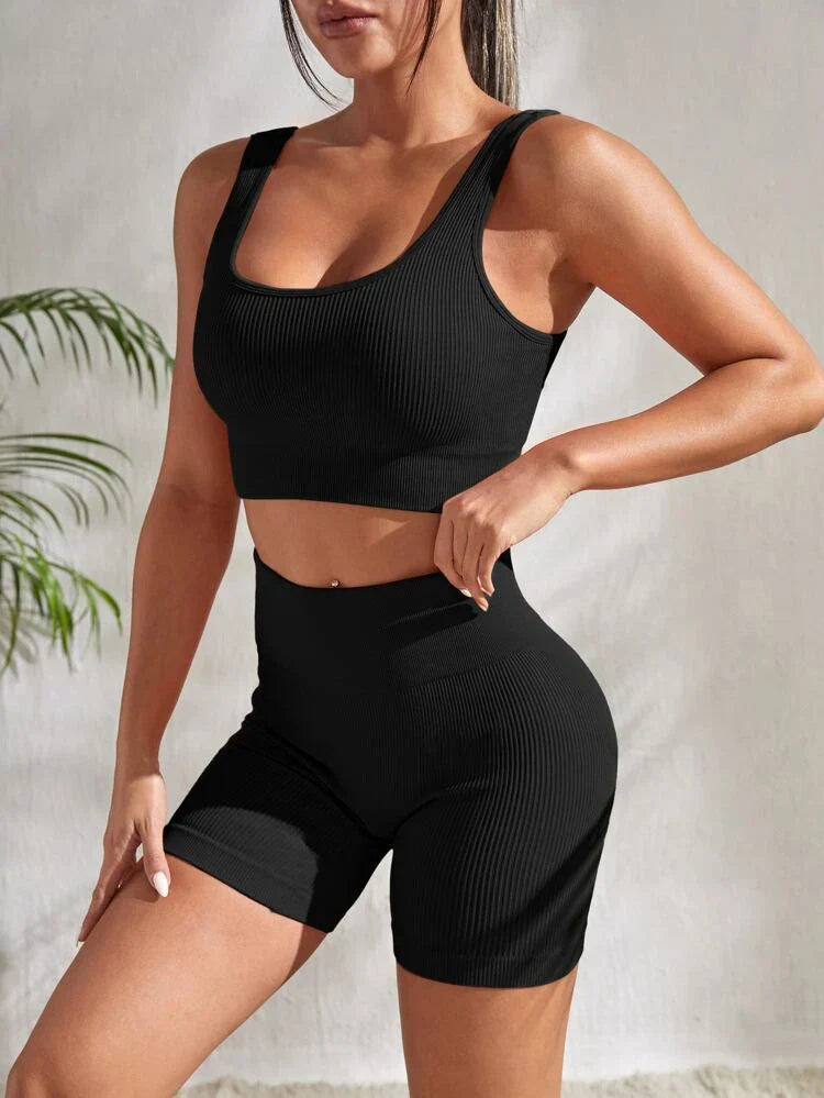 Two-piece women's fitness set with shorts & sports top – Sienna-Black-S-The Livary