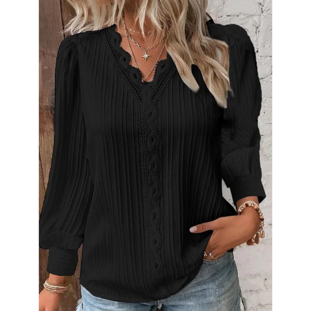 Stylish ladies' blouse with a V-neck & long sleeves – Alvara-Black-S-The Livary