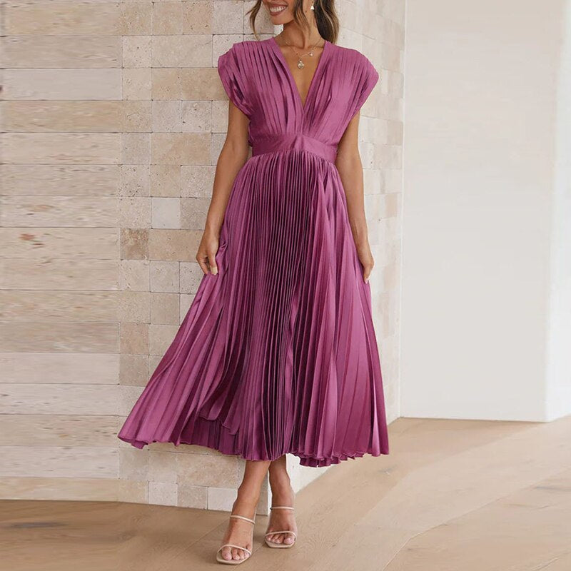 Flowing maxi dress with pleats and a V-neck – Noelle-Purple-S-The Livary