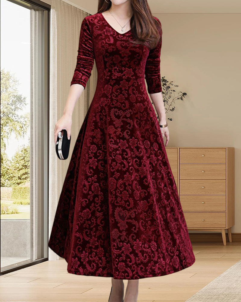 Velvet Midi Dress with Long Sleeves - Selina-Red wine-M-The Livary