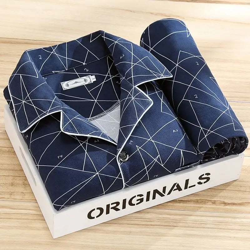 Luxury Men's Pyjama Set - Oliver-Dark Blue Triangle-L-The Livary