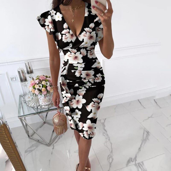Stylish V-Neck Dress with Pleated Sleeves - Maud-Black and white-S-The Livary