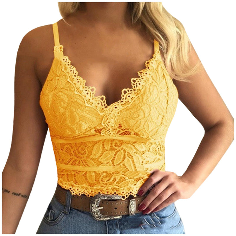 Ladies Lace Top with Spaghetti Straps – Lina-Yellow-S-The Livary