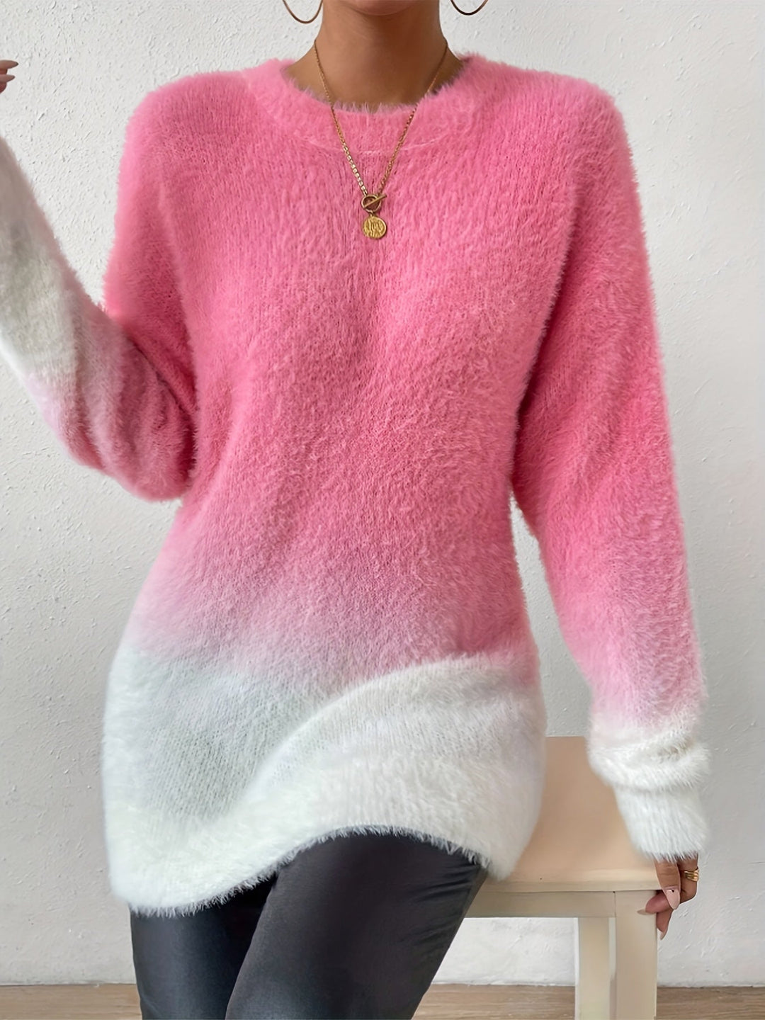 Graduated Colour Crew Neck Fuzzy Sweater - Amara-S-The Livary