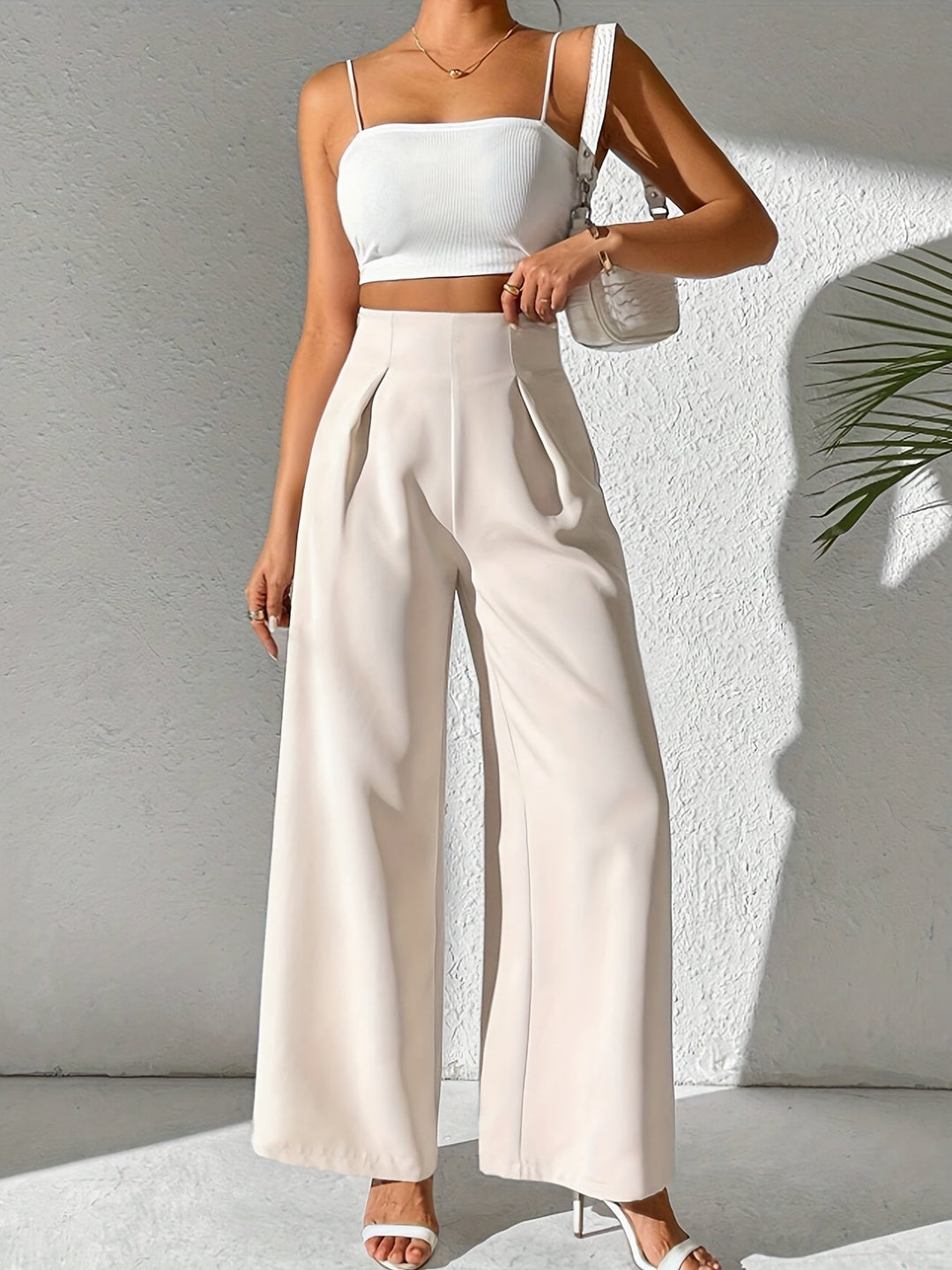 Beige High-Waist Wide-Leg Trousers for Women - Yara-S-The Livary