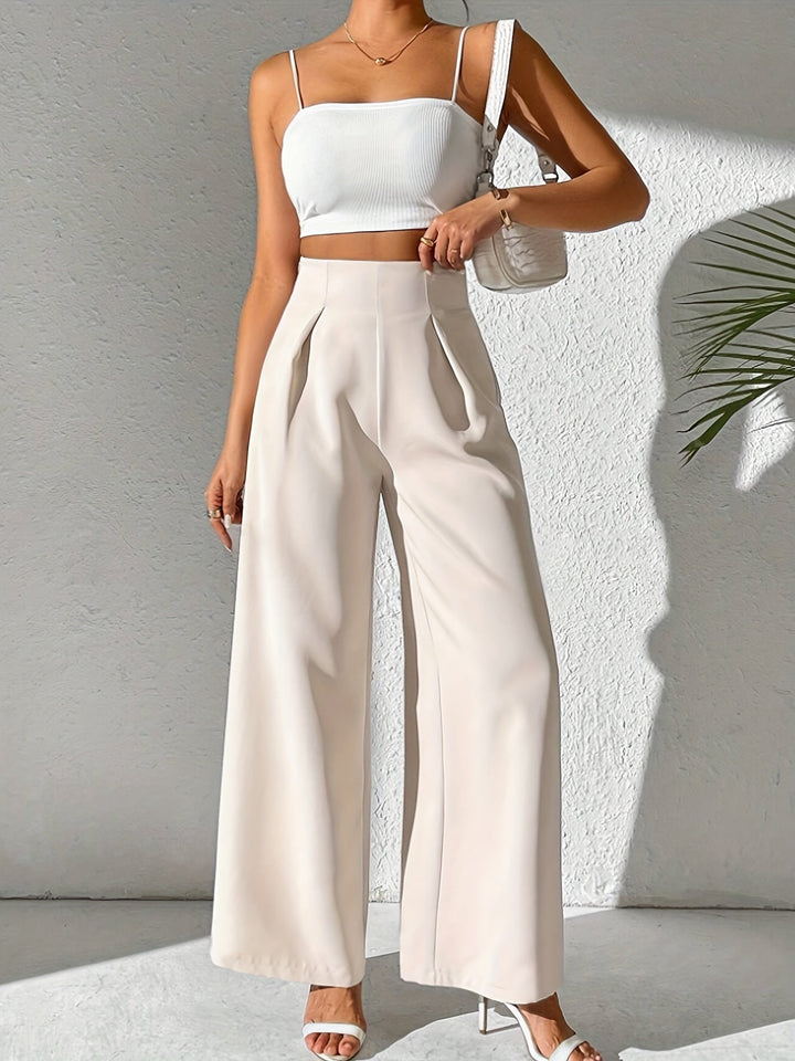 Beige High-Waist Wide-Leg Trousers for Women - Yara-S-The Livary