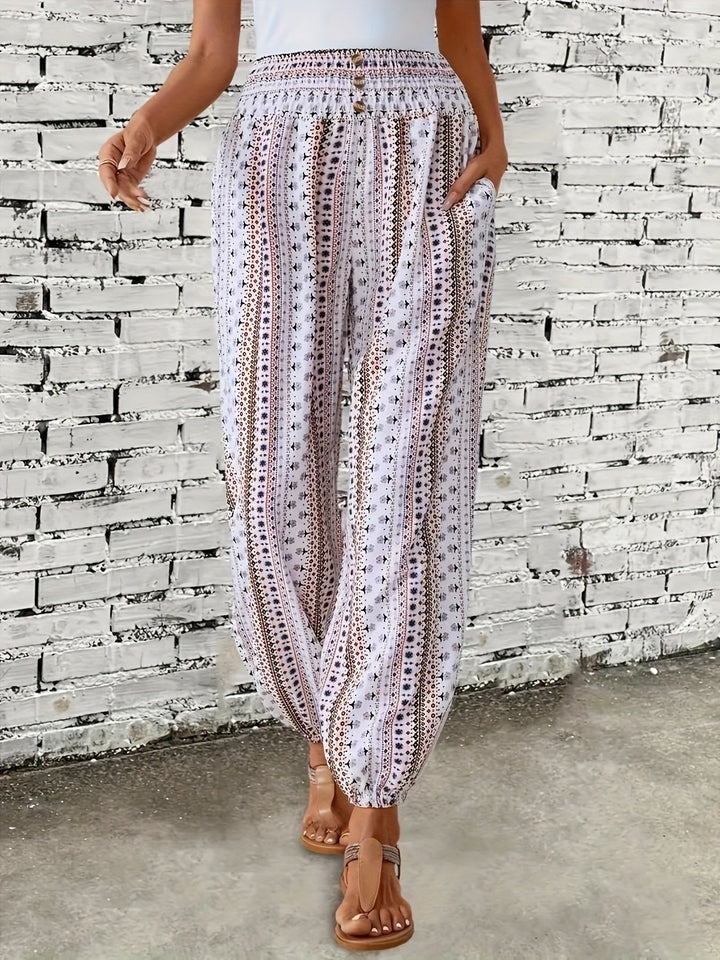 Boho High-Waist Women's Trousers with Print & Smocked Waistband – Linara-White-S-The Livary