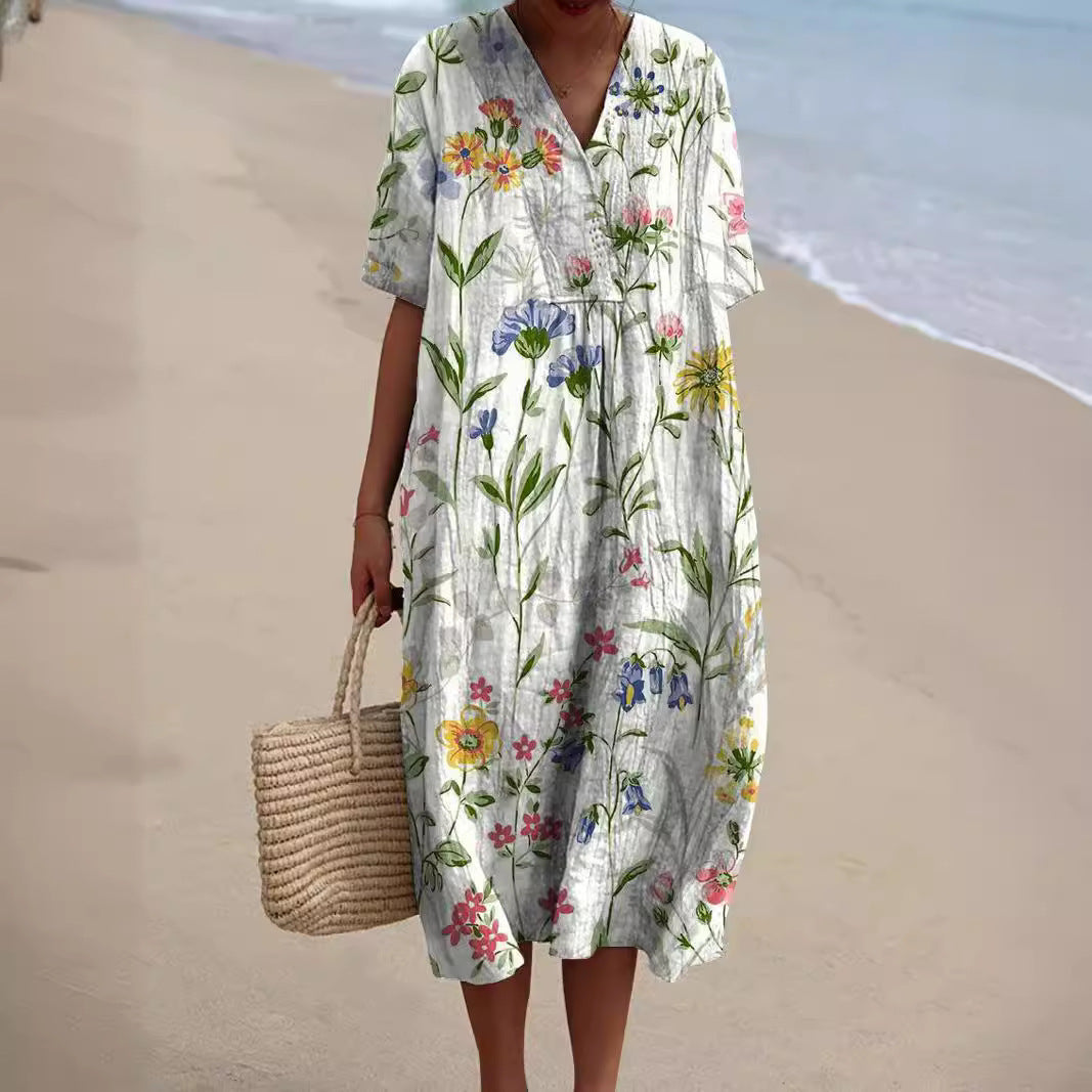 Light summer flower dress for women with V-neck and comfortable cut – Talia-White-S-The Livary