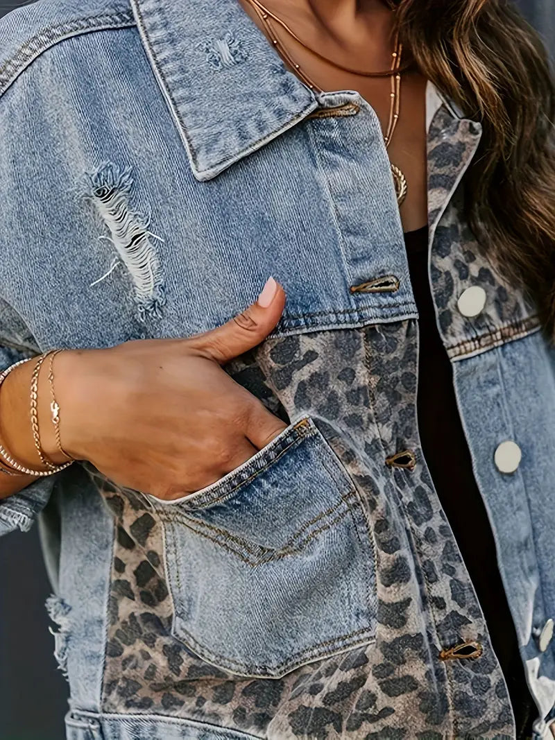 Wildly Chic Leopard Print Denim Jacket - Leona-Medium blue-S-The Livary