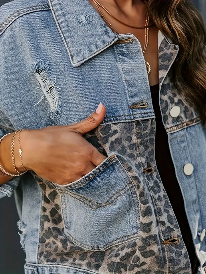 Wildly Chic Leopard Print Denim Jacket - Leona-Medium blue-S-The Livary