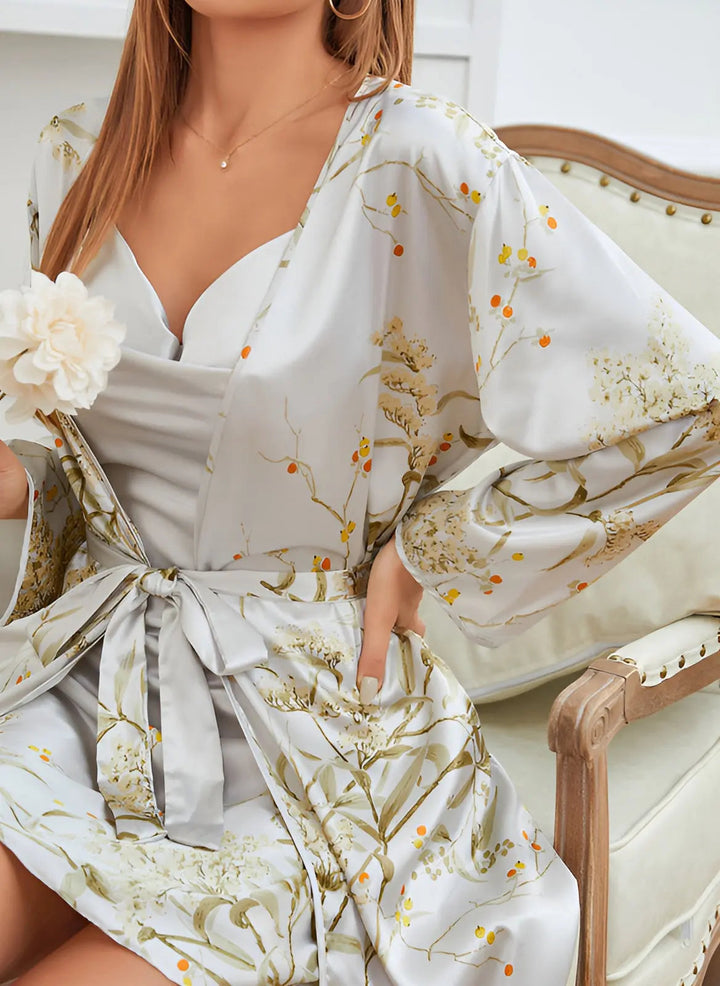 Two-piece satin dress-kimono set for women – Livia-Green-S-The Livary