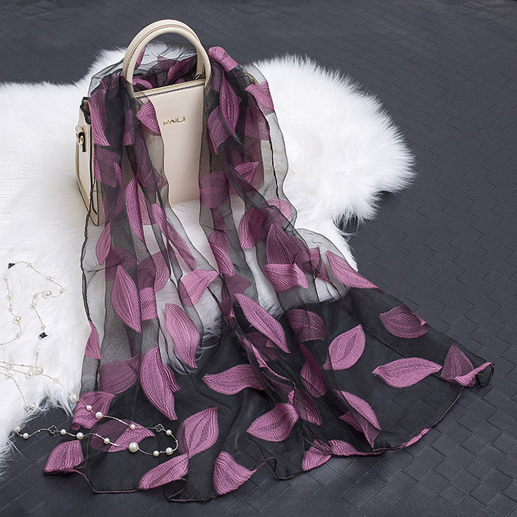 Trendy women's silk scarf with floral pattern and cut-out design – Fiora (1+1 FREE)-Purple leaves-The Livary