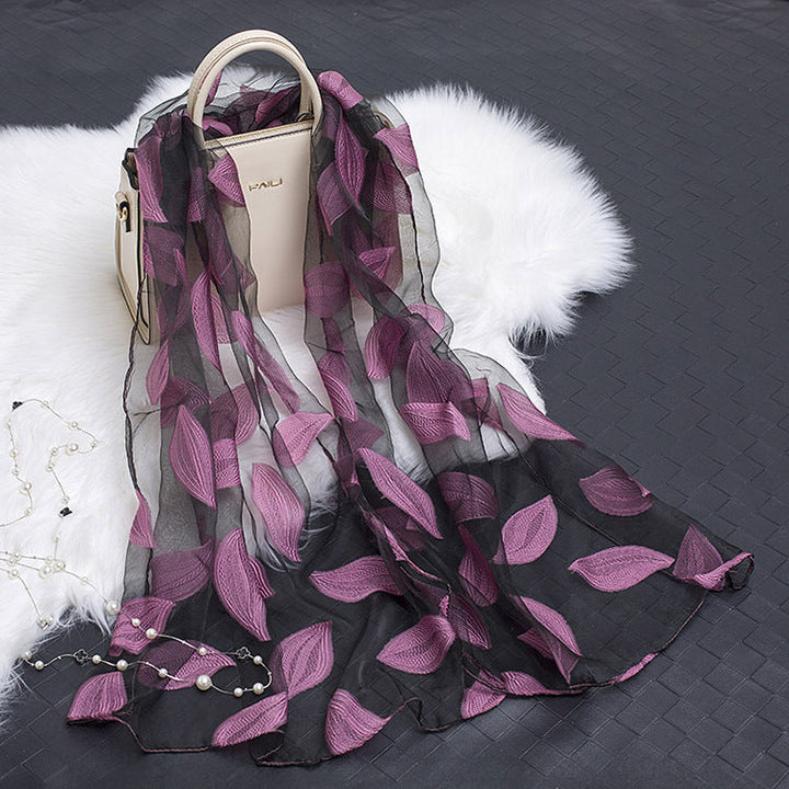 Trendy women's silk scarf with floral pattern and cut-out design – Fiora (1+1 FREE)-Purple leaves-The Livary