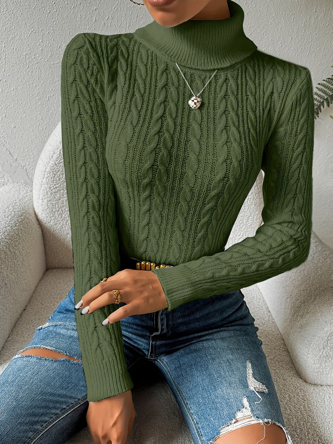 Plain Cable Knit Sweater for Women - Amara-Olive green-S-The Livary