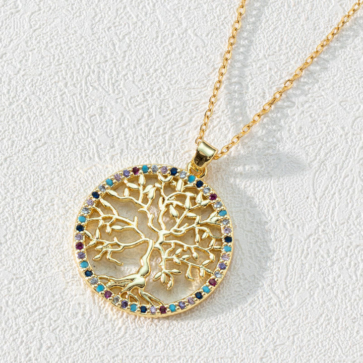 Zirconia Round Hollow Tree of Life Pendant - Necklace - Luna-Round Colourful Zircon and Tree of Life-The Livary