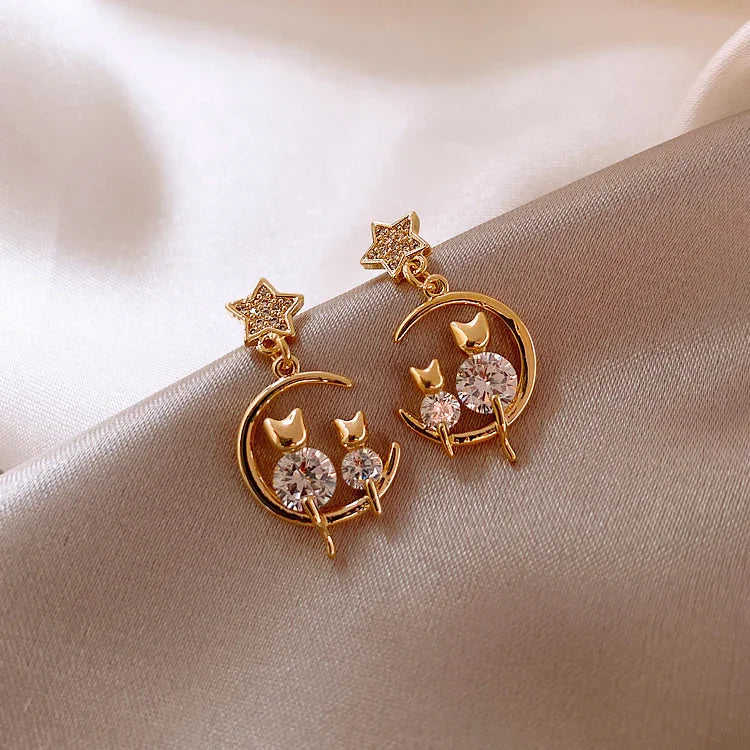 Gold Cat Ear Earrings with Zirconia - Feline-The Livary