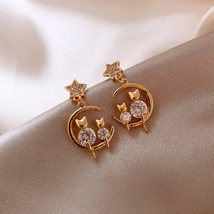 Gold Cat Ear Earrings with Zirconia - Feline-The Livary