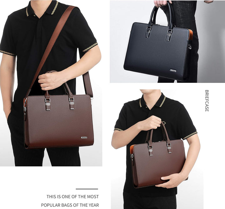 Genuine Leather Multi-Compartment Business Briefcase for Professionals