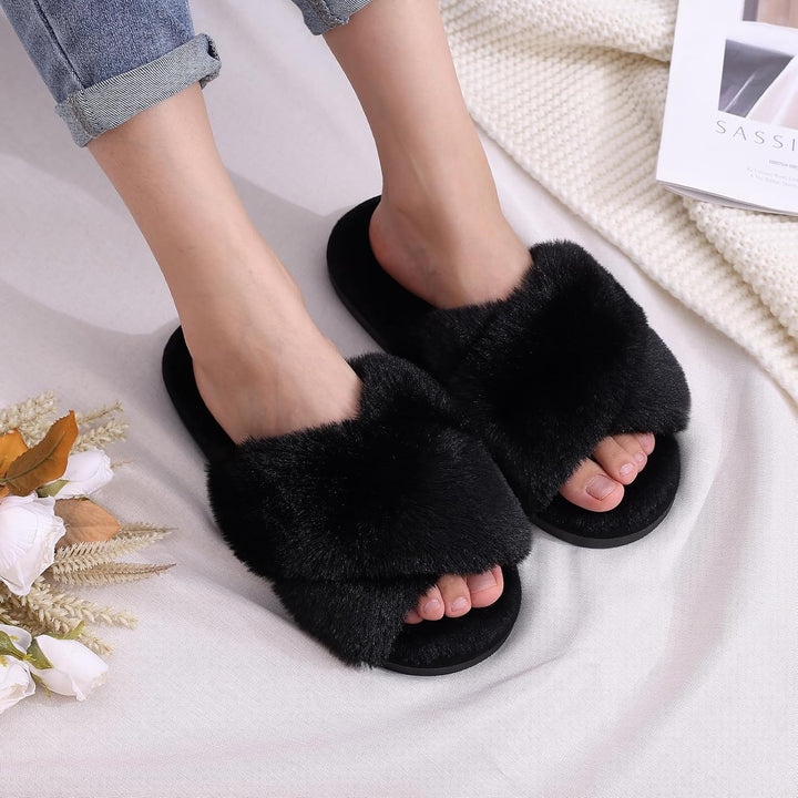 Fuzzy Slippers with Memory Foam - CloudStep-Black-4-The Livary