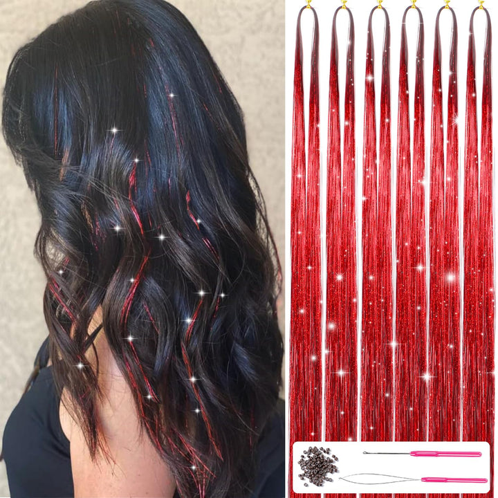Sparkling Hair Tinsel Kit – Strands of Glitter!-Red-The Livary