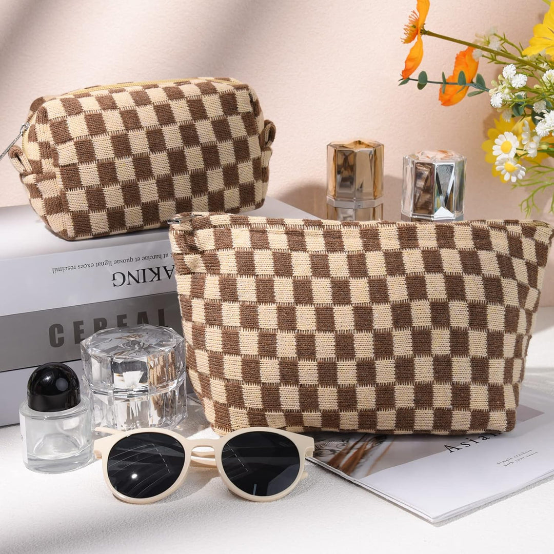 Must-Have Checked Make-up Bag Set-Brown-The Livary