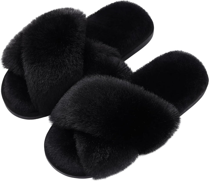 Fuzzy Slippers with Memory Foam - CloudStep-Black-4-The Livary
