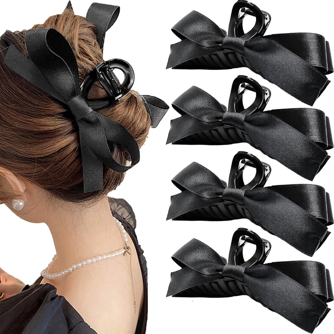 Large Satin Bow Clips-4 pieces Black-The Livary