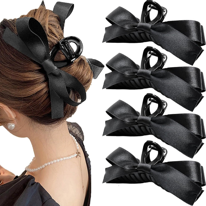 Large Satin Bow Clips-4 pieces Black-The Livary