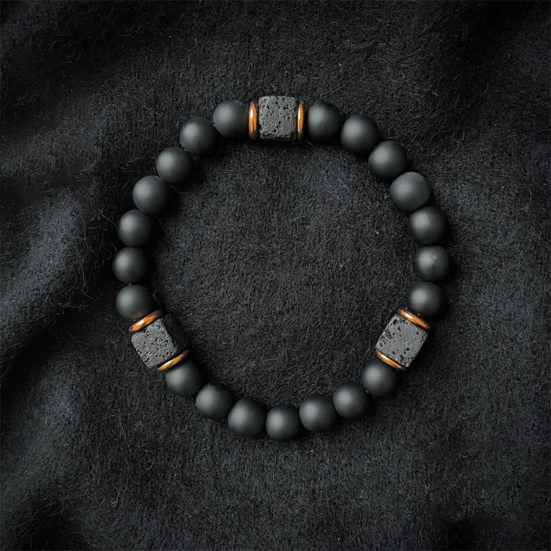 Black Onyx and Lava Stone Cube Balance Bracelet - Aurelia-Onyx-Gold-The Livary