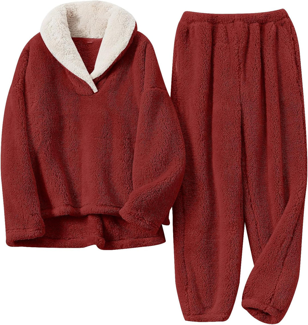 Fluffy Pyjama Set for Women - CozyPlush-Wine red-S-The Livary