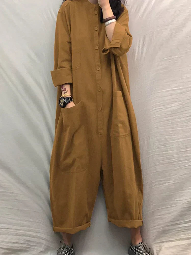 Airy summer jumpsuit with a wide cut for women – Livia-Khaki-S-The Livary