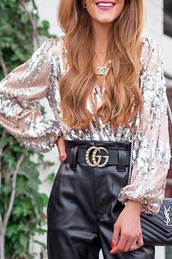 Sparkling & Stylish Women's Glitter V-Neck Long Sleeve Top – Naya-XS-The Livary