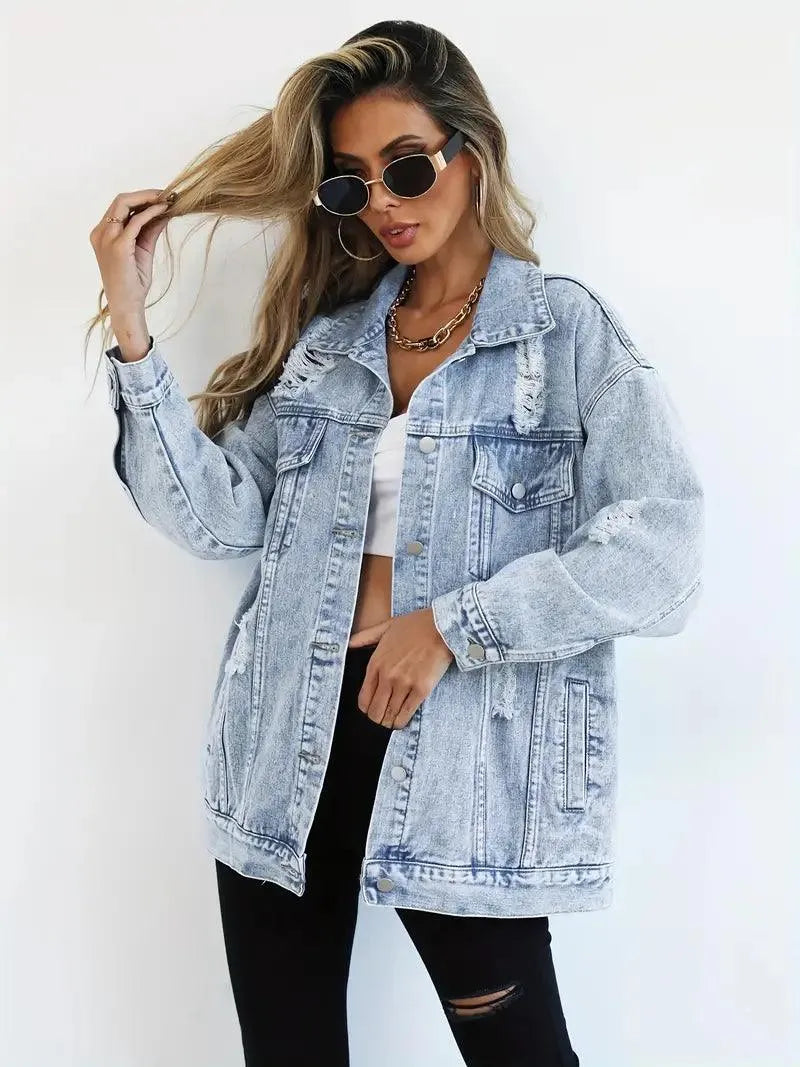 Waterproof & Lined Oversized Women's Denim Jacket with Hood – Talia-Blue-S-The Livary
