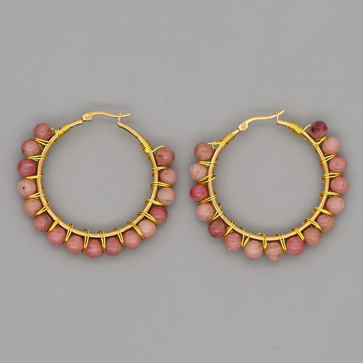 Boho Natural Crystals Large Hoop Earrings - Sanne-Rhodonite-The Livary