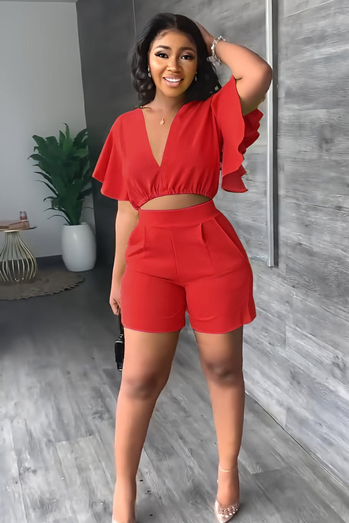 Trendy summer two-piece set with pleated design – Marlene-Red-S-The Livary