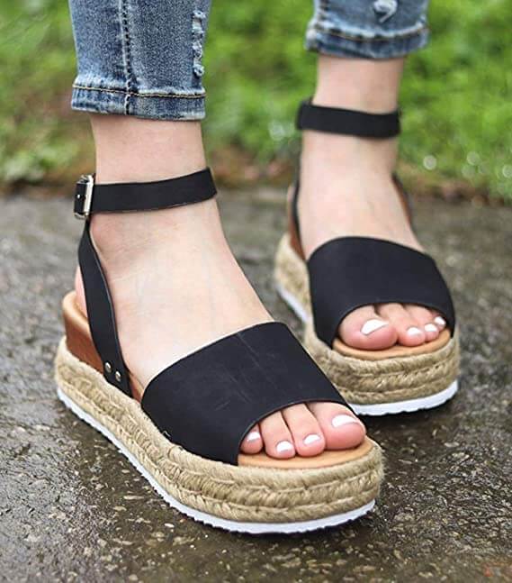 Ladies' wedge espadrille sandals with strap - Livia-Black-3-The Livary