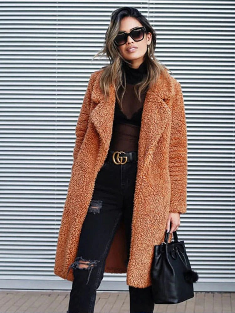 Trendy Warm Long Teddy Coat for Women - Isla-Apricot-S-The Livary
