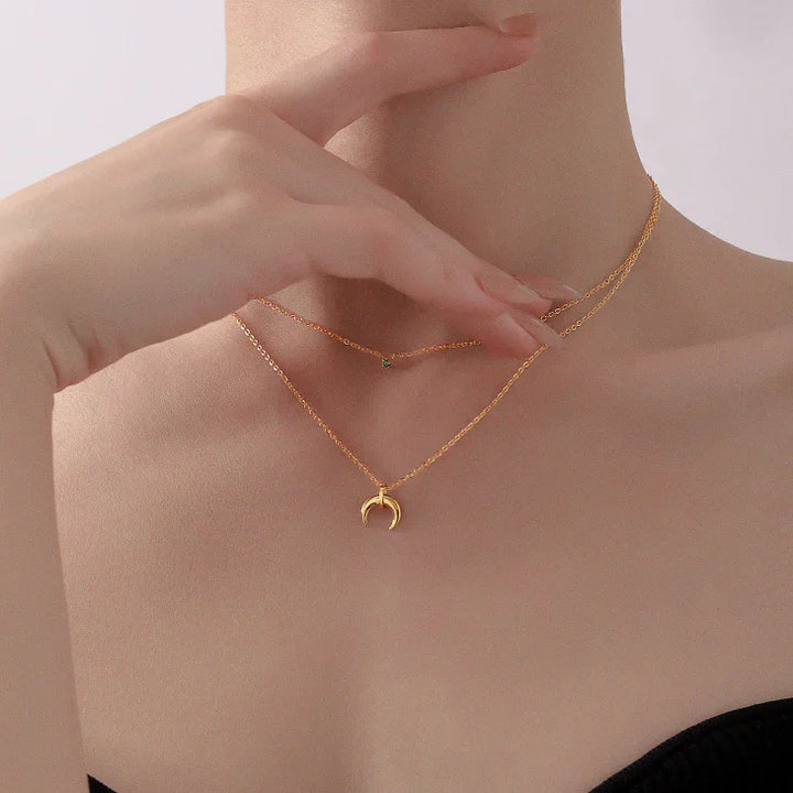 Green Diamond Double Crescent Moon Necklace - Selina-The Livary