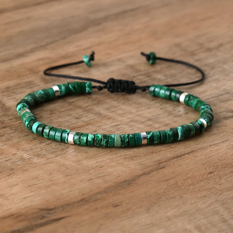 Braided Bracelet with 2.4 mm Natural Stone Rollers - Seraphina-Dark green emperor stone-The Livary