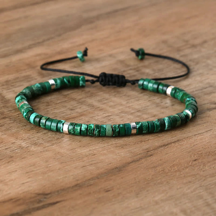Braided Bracelet with 2.4 mm Natural Stone Rollers - Seraphina-Dark green emperor stone-The Livary
