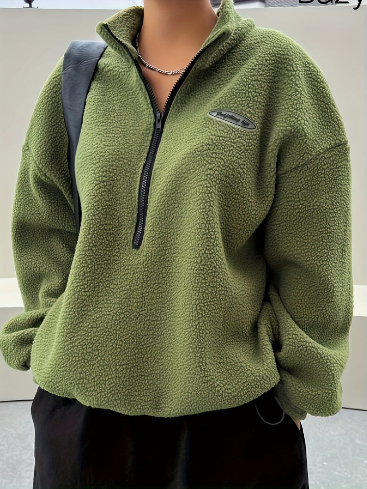 Plain Pullover Sweatshirt with Zipper - Nina-Green-S-The Livary