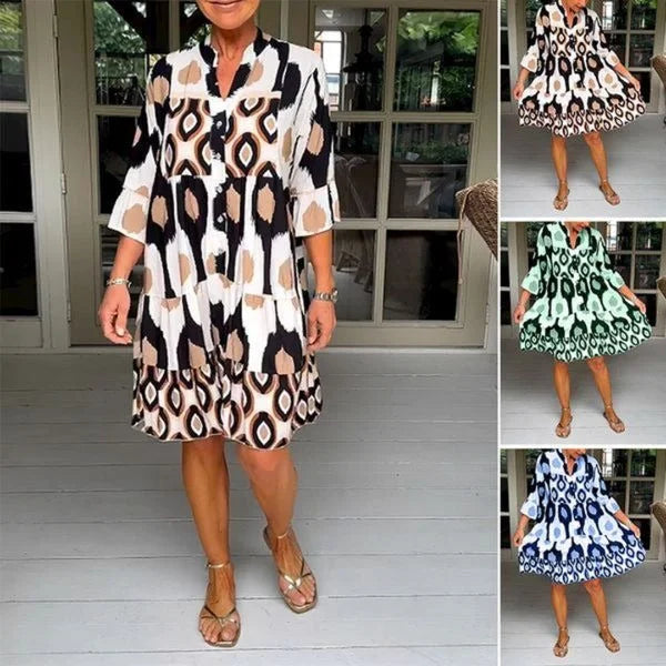 Trendy short-sleeved dress with abstract print & loose fit – Liora-Brown-S-The Livary