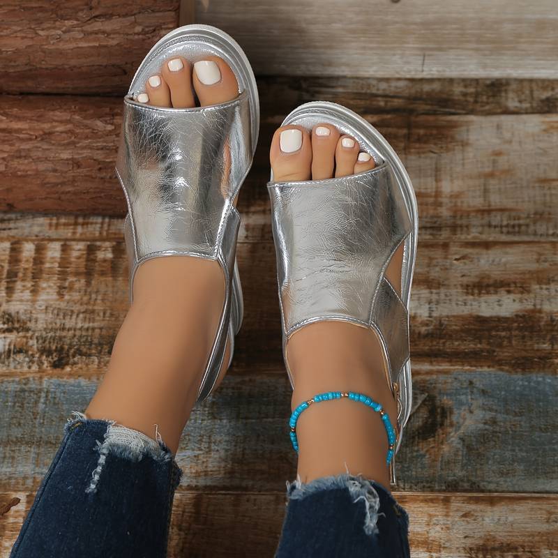 Stylish women's orthopedic summer shoes with wedge heel & fringe – Tilda-3.5-Gold-The Livary
