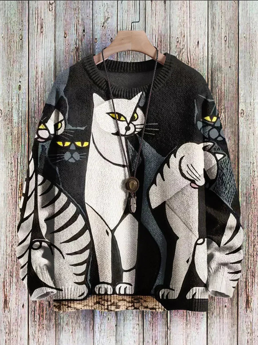 Cheerful Cat Print Sweater for Women - Cleo-Minet-S-The Livary
