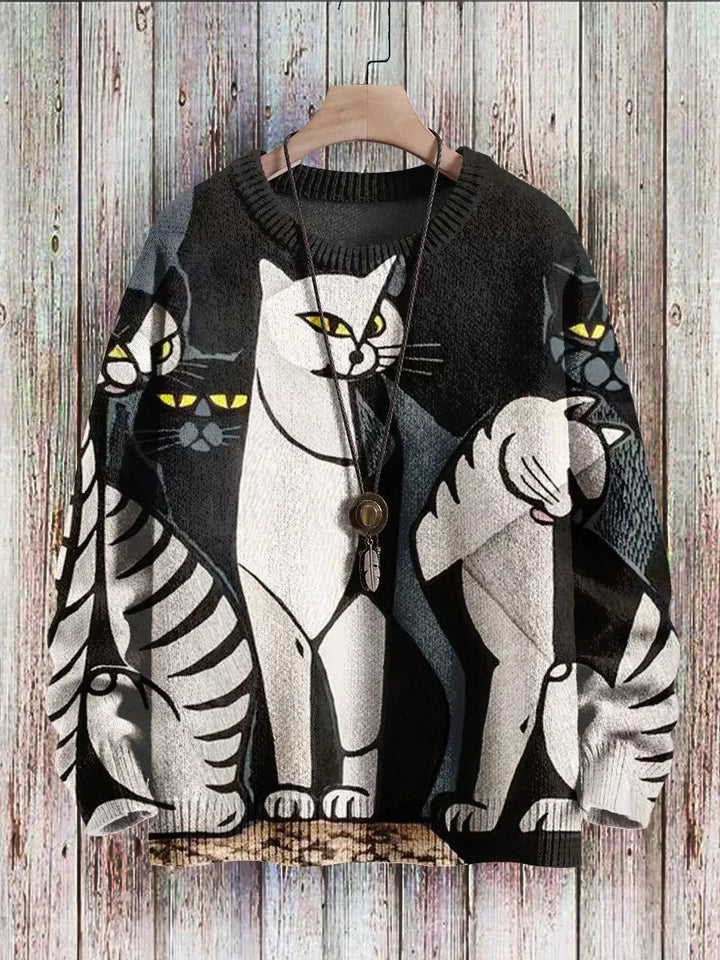 Cheerful Cat Print Sweater for Women - Cleo-Minet-S-The Livary