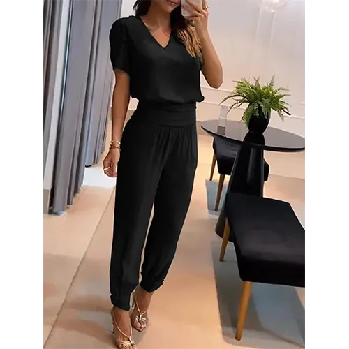Trendy women's jumpsuit with short sleeves & wide legs – Alina-Black-S-The Livary