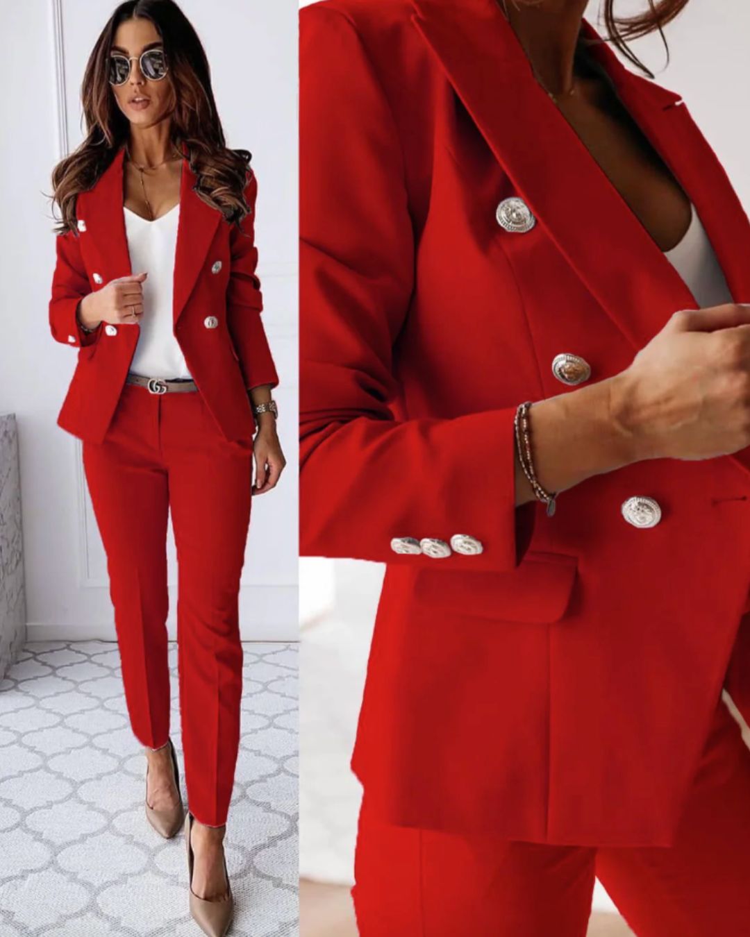 Two-piece women's slim-fit set for modern business looks – Valentina-Red-S-The Livary