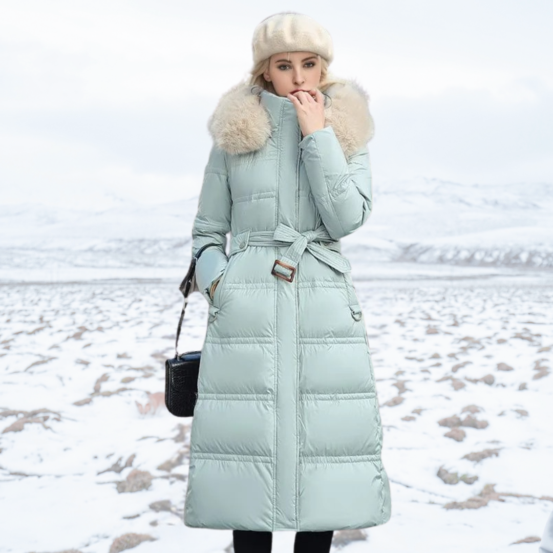 Luxury Faux Fur Winter Coat for Women - Amara-Light blue with beige collar-S-The Livary