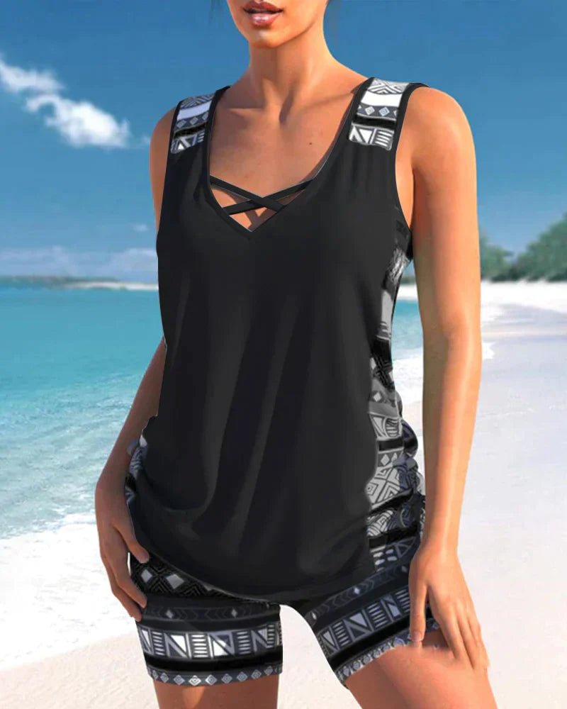 Trendy swimwear with V-neck and geometric pattern – Tankini set Madonna-Gray-S-The Livary